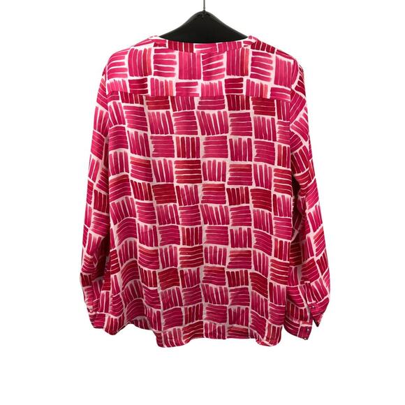 Liz Claiborne Women's Sheer Blouse XL Red Pink White V-Neck Pullover Pattern - Picture 2 of 10